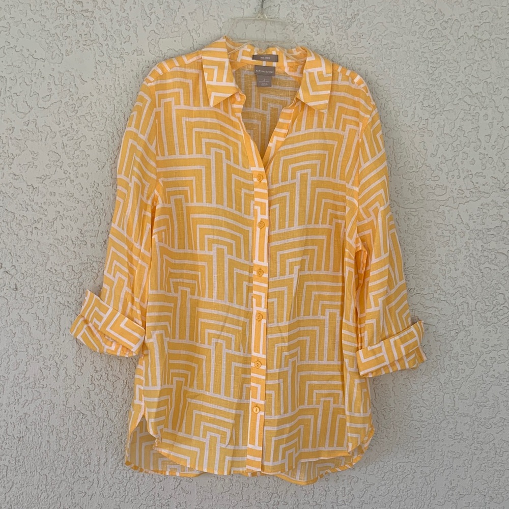 Chico's Yellow and White Geometric Linen Button Down Shirt size 2 or 12/14